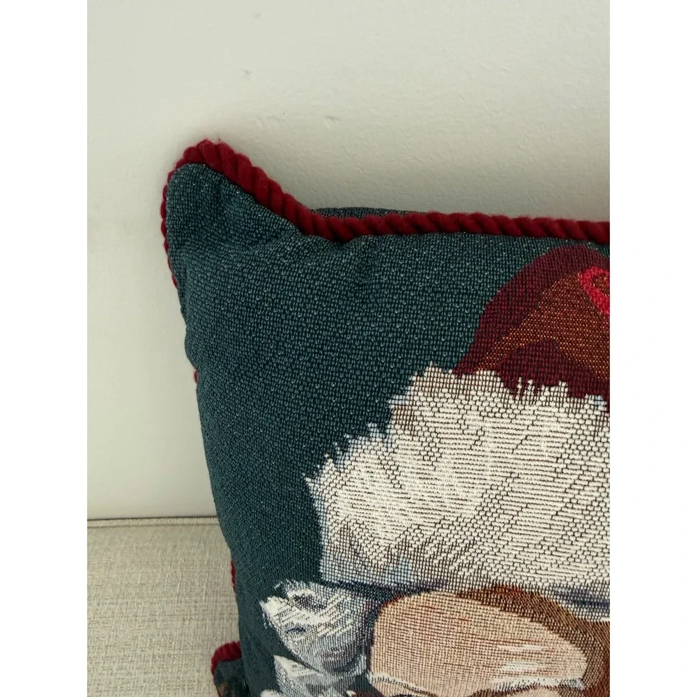 Santa Claus Tapestry Textured Christmas 2 Sided Pillow Red Cord Trim 17x17